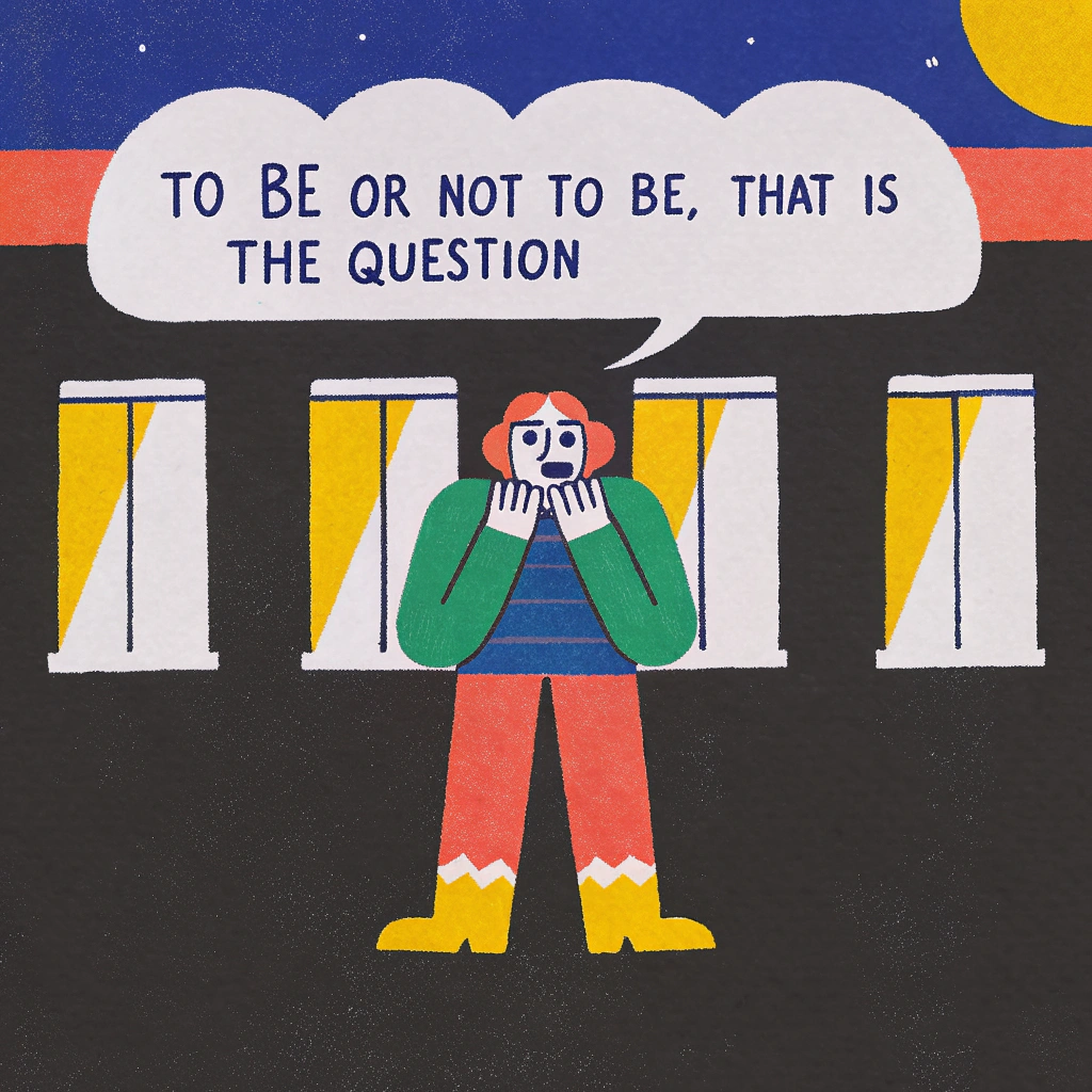 AI generated image by Red Panda AI: Draw Hamlet in a comic book style with the word bubble saying "To be or not to be, that is the question"