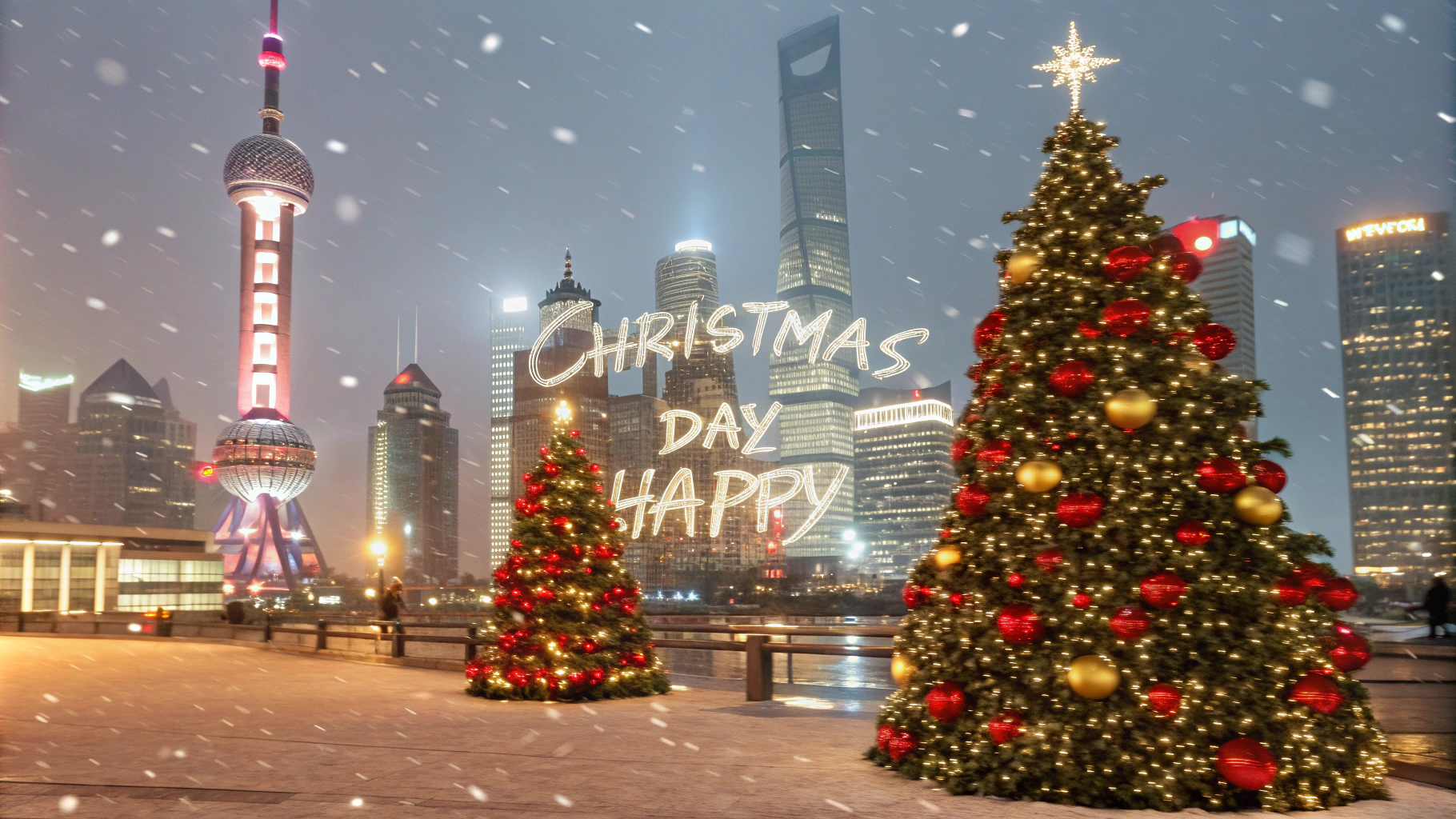 AI generated image by Red Panda AI: Shanghai Christmas scene, Oriental Pearl Tower in the background, modern skyscrapers of Lujiazui illuminated with festive lights, large Christmas trees decorated with red and gold ornaments, snow falling gently, Chinese text '圣诞节快乐' centered in bright red traditional Chinese calligraphy font, warm holiday lighting, cinematic lighting, 8k ultra detailed, photorealistic