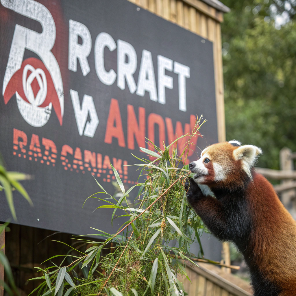 AI generated image by Red Panda AI: a red panda eating a bamboo in front of a poster that says "recraft V3 now available at red panda ai