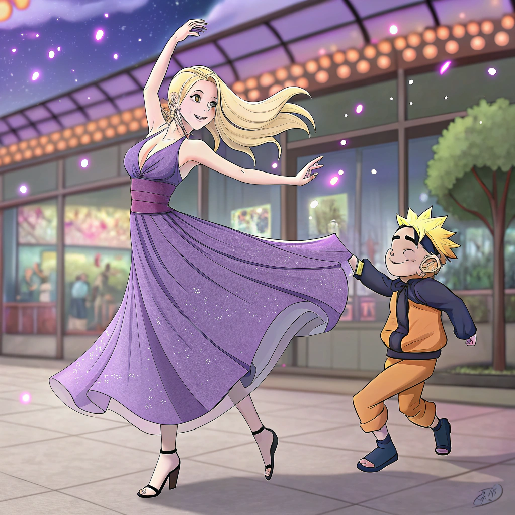 AI generated image by Red Panda AI: ino yamanaka wearing a purple dress is dancing with naruto