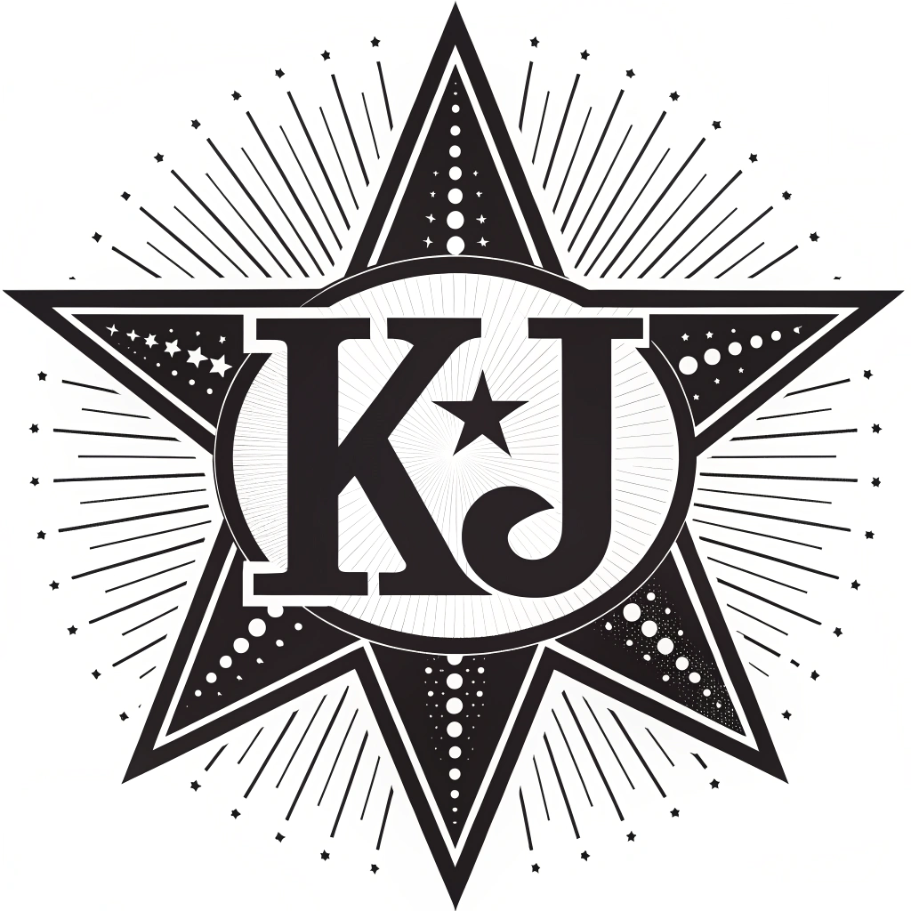 AI generated image by FLUX.1-schnell: A logo, with the letters KJ center, behind center is a 16 point star, black and white