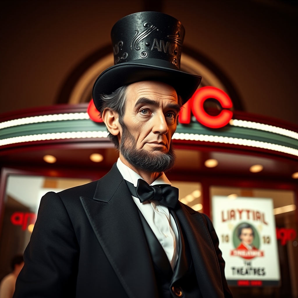 AI generated image by FLUX.1-schnell: Create an image of Abraham Lincoln standing in front of AMC Theatres. Make it look like a retro AMC Theatres. Have abe wear the top hat