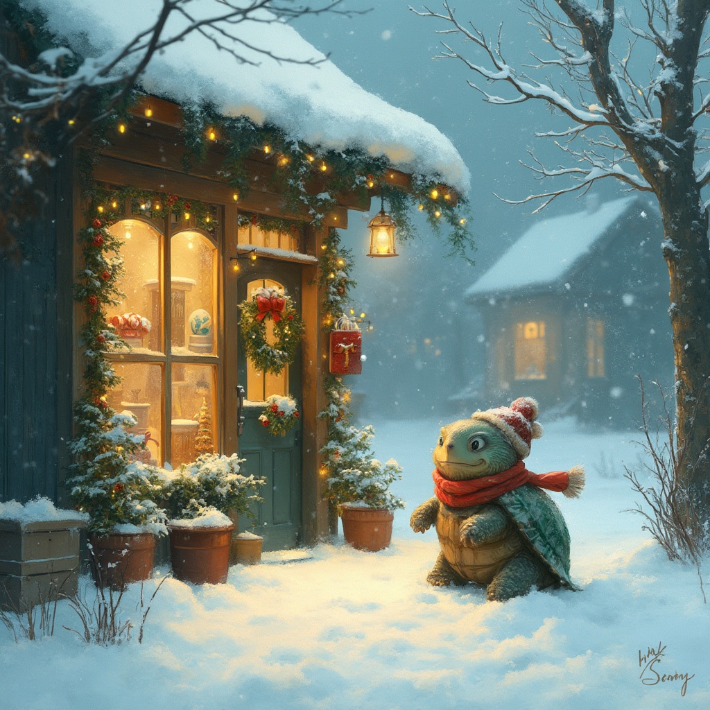 AI generated image by FLUX-Realism-Lora: A scene of a snow-covered winter day with a cute turtle slowly entering a small, cozy Christmas shop. The shop has festive decorations like twinkling string lights, a wreath on the door, and displays of holiday items visible through frosted windows. Snow gently falls from the sky, covering the ground and nearby trees. The turtle wears a small, warm scarf, creating a whimsical and charming holiday atmosphere