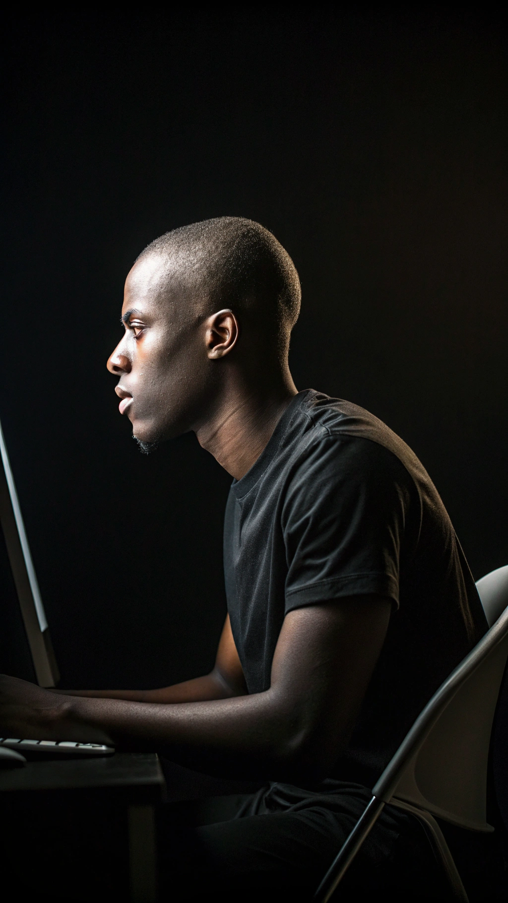 AI generated image by Red Panda AI: An extremely dark room completely obscured by shadows. A young Afro man, around 20 years old, with very short, nearly shaved hair, wearing a black t-shirt, is sitting in front of a glowing computer screen. The glow of the screen is soft, casting subtle light on his head, shoulders, and part of the chair, while maintaining a dim and minimal look. The perspective is a diagonal angle, slightly elevated and positioned behind him to the left, providing a partial side and back view. The rest of the scene remains pitch black, focusing on the contrast between the screen's glow and the darkness. The image is composed vertically for a social media-friendly format