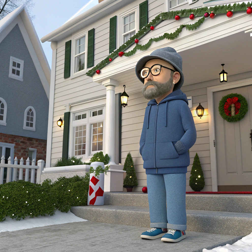 AI generated image by Red Panda AI: Crea una imagen de caricatura 3d de un hombre en la entrada de la casa la cual es de 2 pisos de colores blanco y gris, con decoraciones navideñas, el hombre usa una sudadera tipo hoodie color azul, bonete gris y pantalones de mezclilla, lleva lentes de aumento, tiene barba y ojos color verde, tiene sobrepeso
