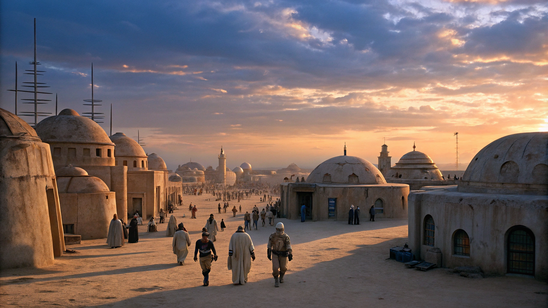 AI generated image by Red Panda AI: Star Wars cinematic style, Mos Eisley Spaceport, dawn, desert large city of stucco rounded adobe style buildings, small crowd of extraterrestrial aliens and robot droids walking towards the camera