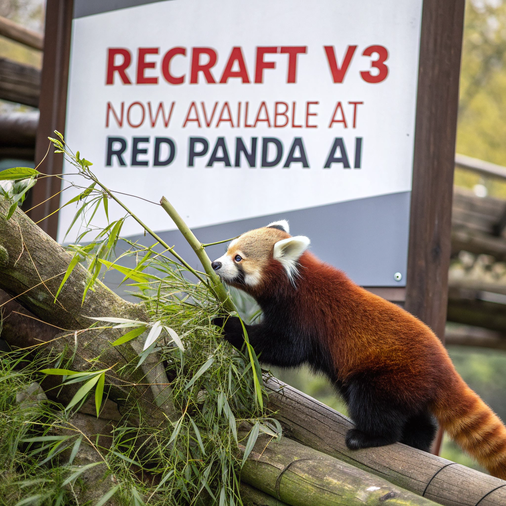 AI generated image by Red Panda AI: a red panda eating a bamboo in front of a poster that says "recraft V3 now available at red panda ai