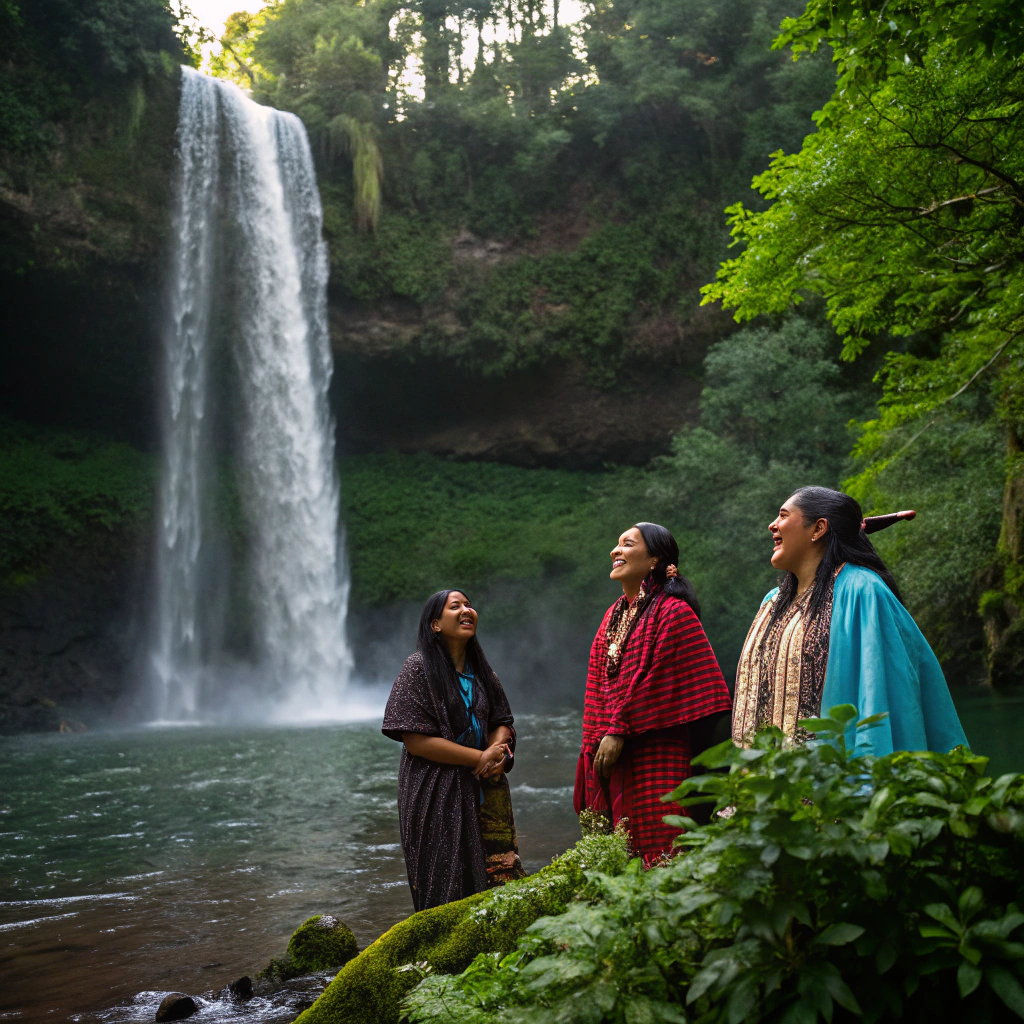 AI generated image by Red Panda AI: Grupo de mujeres nativas bajo una cascada 