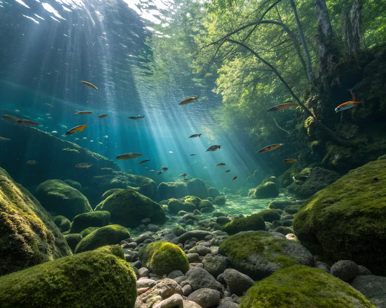 AI generated image by Red Panda AI: First-person perspective of a tranquil, vivid riverbed, teeming with colorful freshwater fish, detailed rocks of various sizes covered in vibrant green moss, beams of sunlight piercing crystal-clear water creating dynamic light and shadow play, enhancing depth and clarity, high realism, ultra HD, underwater photography vibe, Nikon D850, cinematic lighting.