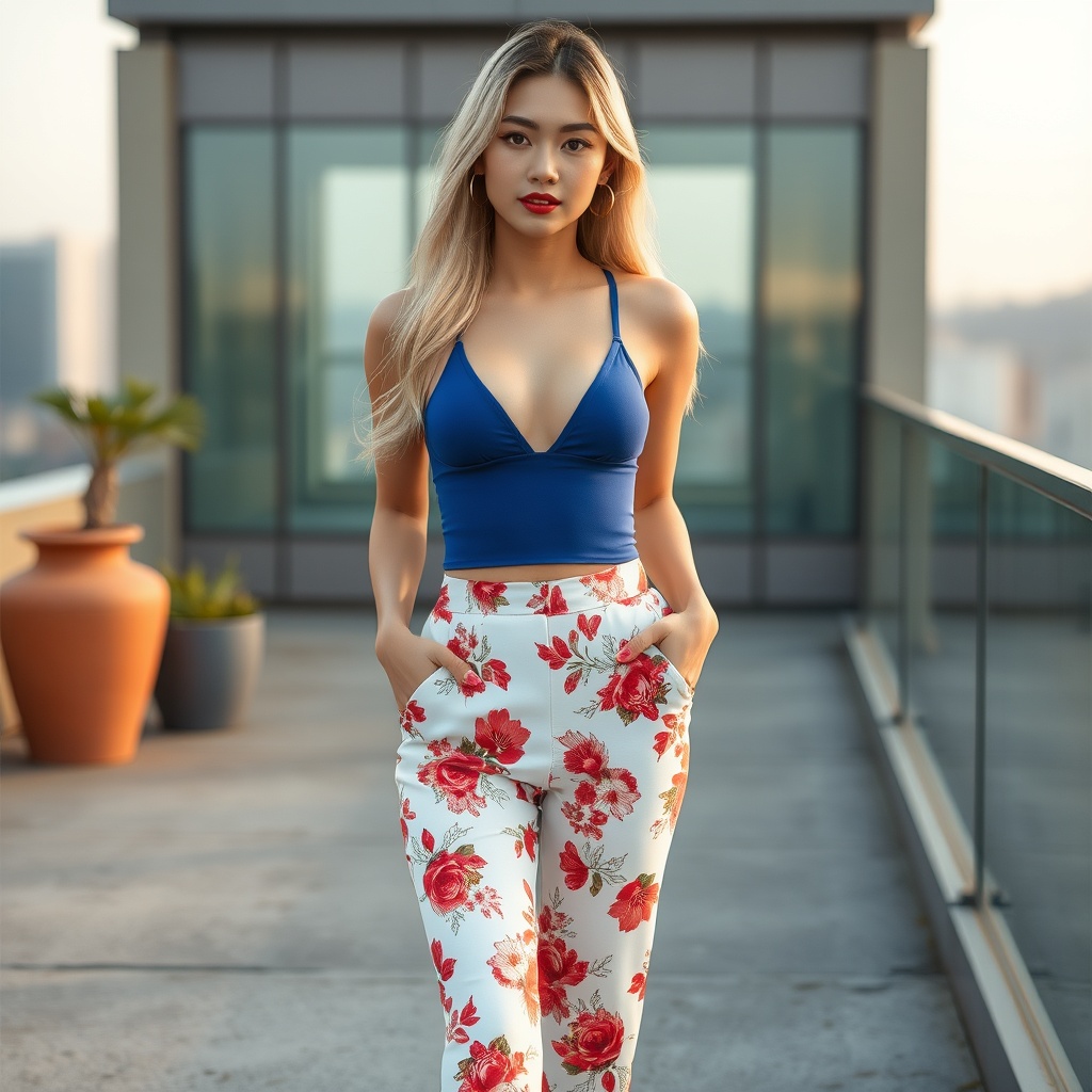 AI generated image by FLUX.1-schnell: Make a picture of  korean young woman who wearing deep blue sports bra with long red floral mixed white suit and wearing red floral mixed white pant. Note : her body is perfect slim, well toned and her cleavage must be revealed and her hair is long with , and silver blonde and she wearing a long white high heel . She is confident. The woman bra shape is round v. She is in a building rooftop in afternoon. Her skin is fair. And her lips is red. She wear a hoop earrings. Note :Make the picture more realistic. She have red eyeliner and red eyeshadow. Her eyes is brown