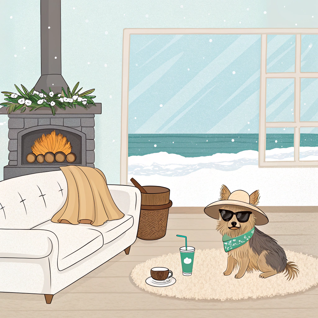 AI generated image by Red Panda AI: create background for two youtuber, coffee and coco represent seattle for coffee, the background on left side has white cozy sofa with fireplace and snow outside windows  , it has warm blancket and yourkie puppy with her, the left side of the pic is the background for cocnut she has white snad beach with jade blue sea in thailand with welcome drink straw hat sunglass and grey kitten