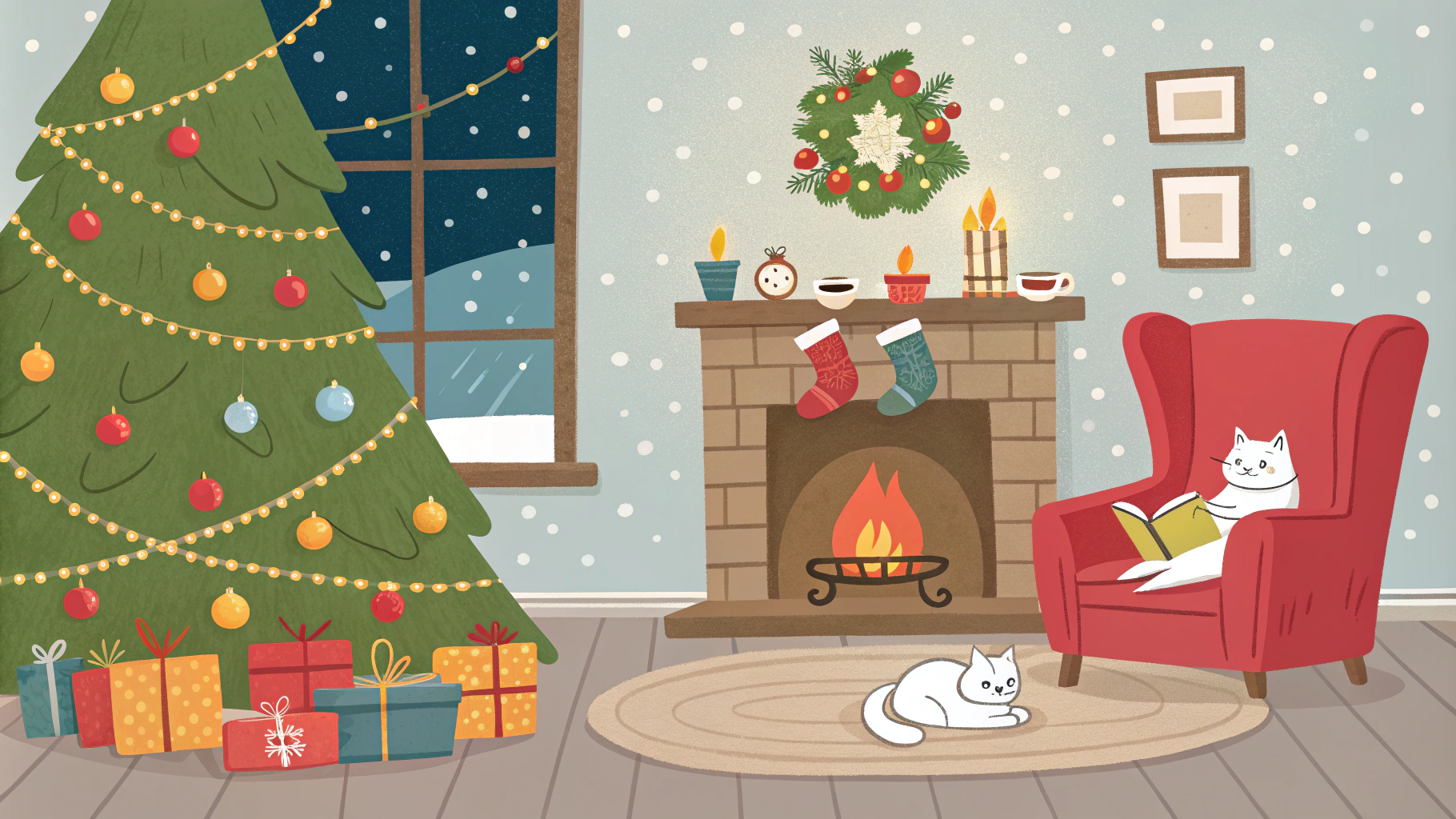 AI generated image by Red Panda AI: The image shows a cozy living room with a Christmas tree on the left side of the image. The tree is decorated with colorful ornaments and lights, and there are several gift boxes scattered around it. On the right side, there is a fireplace with a fire burning in it. Above the fireplace, there are hanging stockings and a wreath hanging on the wall. In the center of the room, two white cats are sitting on a red armchair, one of them is reading a book and the other is holding a cup of coffee. The room has a window with a view of the snow outside.
