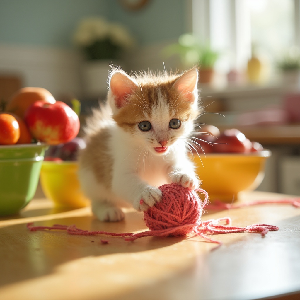 AI generated image by FLUX-Realism-Lora: A playful kitten batting at a ball of yarn on a bright, cheerful kitchen table, with colorful fruit bowls and flowers in the background.