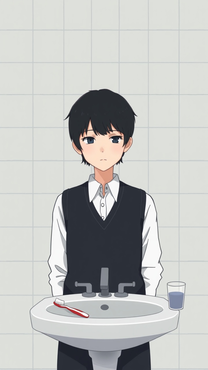 AI generated image by FLUX.1-schnell: Omocat's omori game artstyle, The image depicts a young person standing behind a bathroom sink facing the camera, their expression somber. Sink faces the young person. Their dark hair is neatly styled, and they are dressed in a white shirt with a dark vest. The tiled walls behind them are plain and featureless, creating a sense of isolation. The only other elements in the scene are a toothbrush and a glass on the counter, suggesting a routine that the individual may find difficult to engage in. The overall mood of the image is melancholic, hinting at a sense of loneliness or sadness. The subdued colors and minimalist composition further contribute to the somber atmosphere.  The image leaves room for interpretation, inviting viewers to consider the inner thoughts and feelings of the subject.