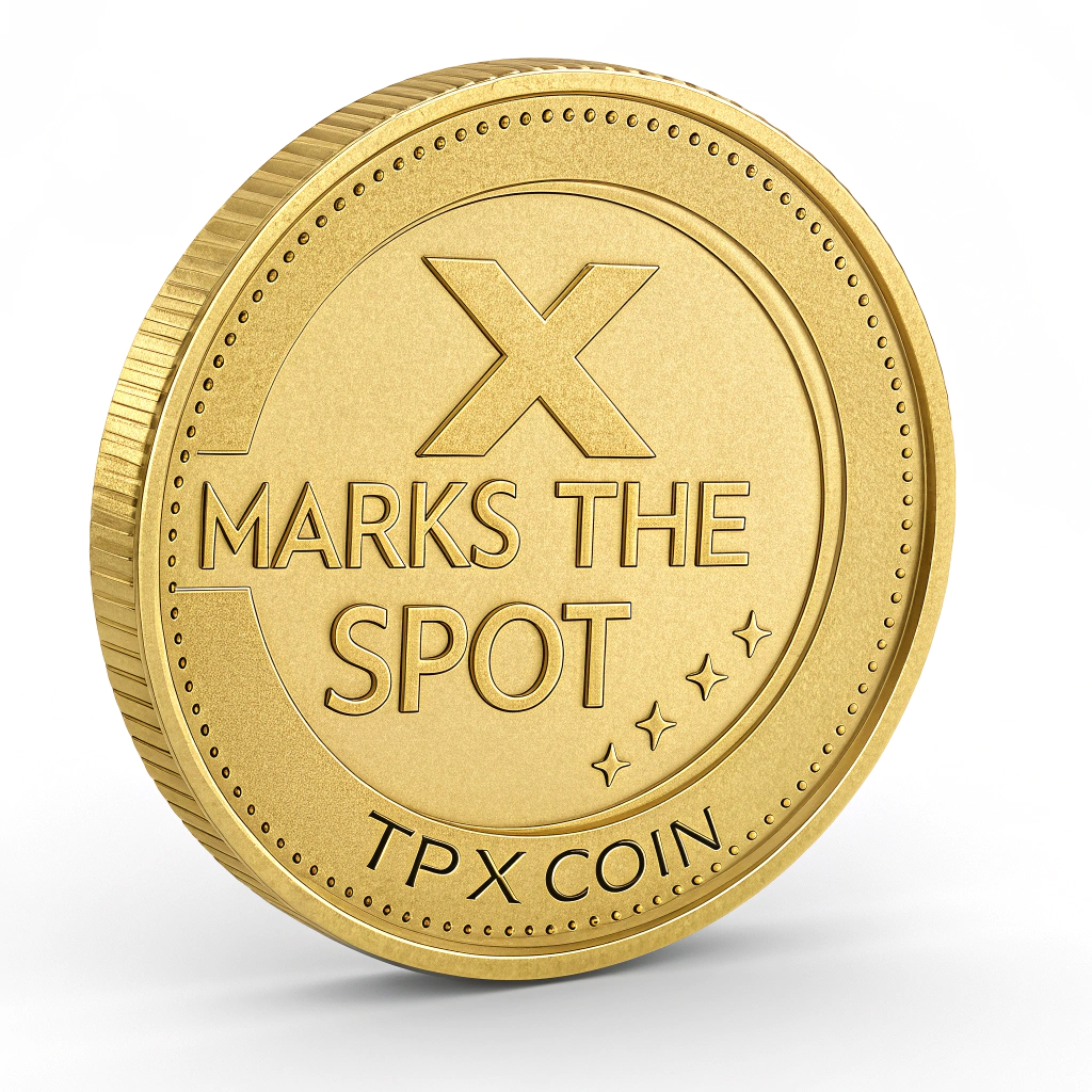 AI generated image by Red Panda AI: Gold coin with the words X MARKS THE SPOT arching around the top of the gold coin.  Near the bottom TPX COIN spaced out and arching around the bottom of the gold coin. In the center of the gold coin an X in a bold font style.
