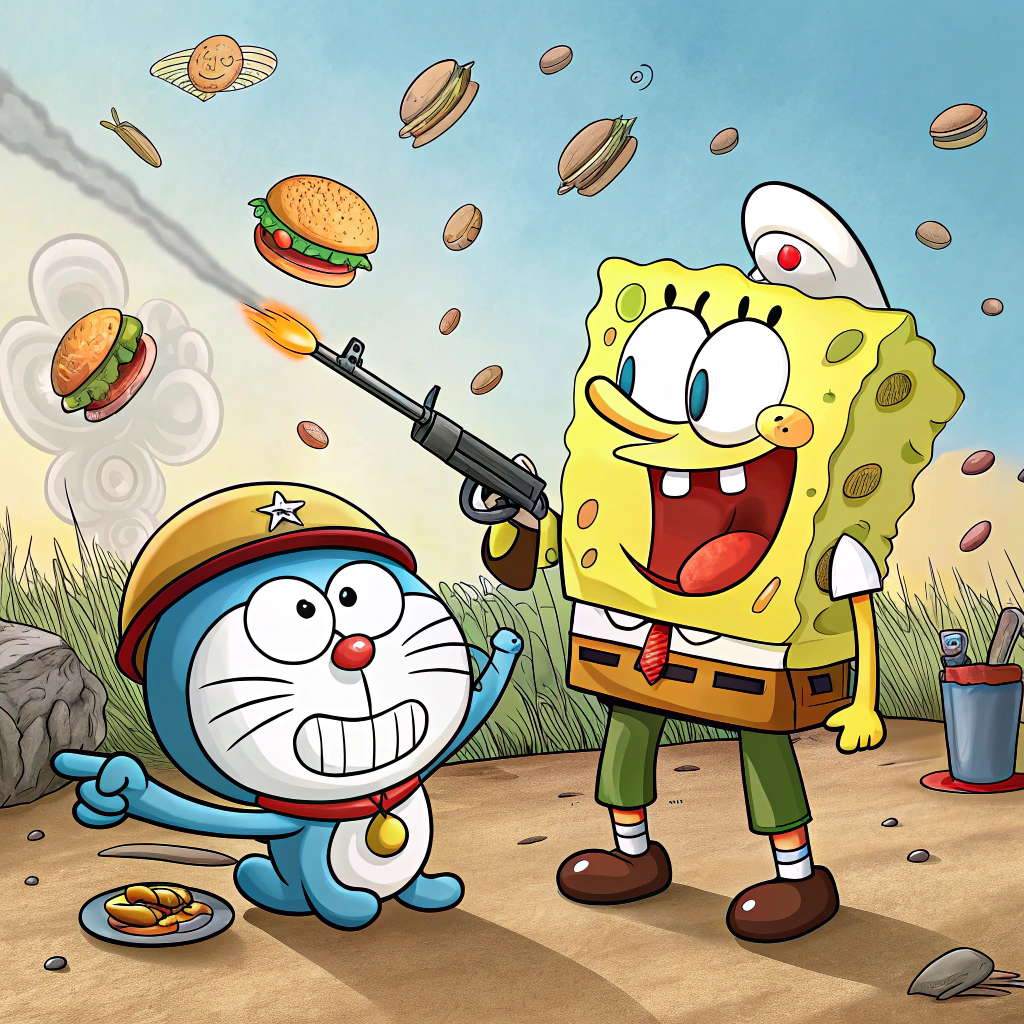 AI generated image by Red Panda AI: Un doraemon con una bomba en la mano con bob esponja al lado con un fusil en una gueerra de hamburgesas 