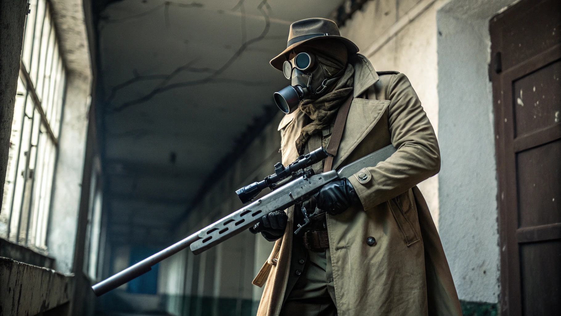 AI generated image by Red Panda AI: A mysterious man wrapped in bandages covering his entire body, wearing a trench coat, a hat, and a gas mask, holding a very large futuristic yet minimalist sniper rifle.

