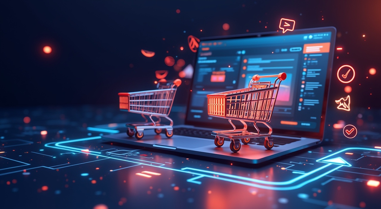 AI generated image by FLUX.1-pro: Higher Conversion Rate:
"Generate a flat design digital scene showing an intuitive online shopping interface. Include clear directional arrows and progress indicators guiding a satisfied customer toward a purchase.
Use simple geometric shapes with no 3D or convex effects and a limited, harmonious color palette to subtly emphasize increased order value without overpowering the text."
Style:
Cyberpunk & Futuristic: The design elements resemble a high-tech, digital aesthetic with glowing icons and a neon-like color scheme.
Minimalistic yet Dynamic: The background is dark, allowing the glowing elements to pop, while small floating icons and lines add movement and energy.
Color Scheme:
Dark Blue & Black Background: Creates a contrast that makes the glowing neon elements stand out.
Glowing Neon Accents: A mix of orange, blue, and red lights up the composition, giving a futuristic, high-tech feel.
Gradient Highlights: Smooth color transitions enhance the depth and richness of the design.
Bright Call-to-Action Colors: The key elements, like shopping carts, price tags, and receipts, use bright colors (red, blue, and gold) to draw attention.
No laptop, no 3D elements