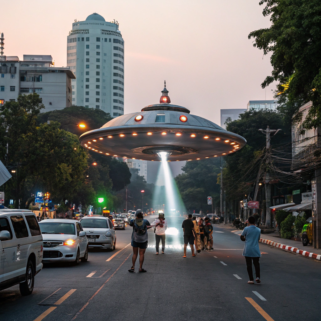 AI generated image by Red Panda AI: UFO landed on the road in the center of Chiang Mai