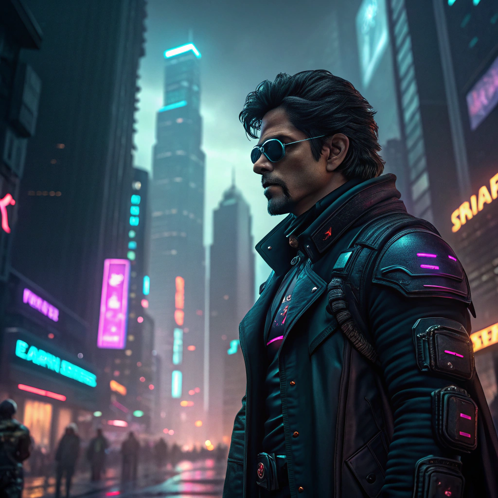 AI generated image by Red Panda AI: Imagine shah rukh khan in cyberpunk and he's the main lead in whole cyber punk universe 