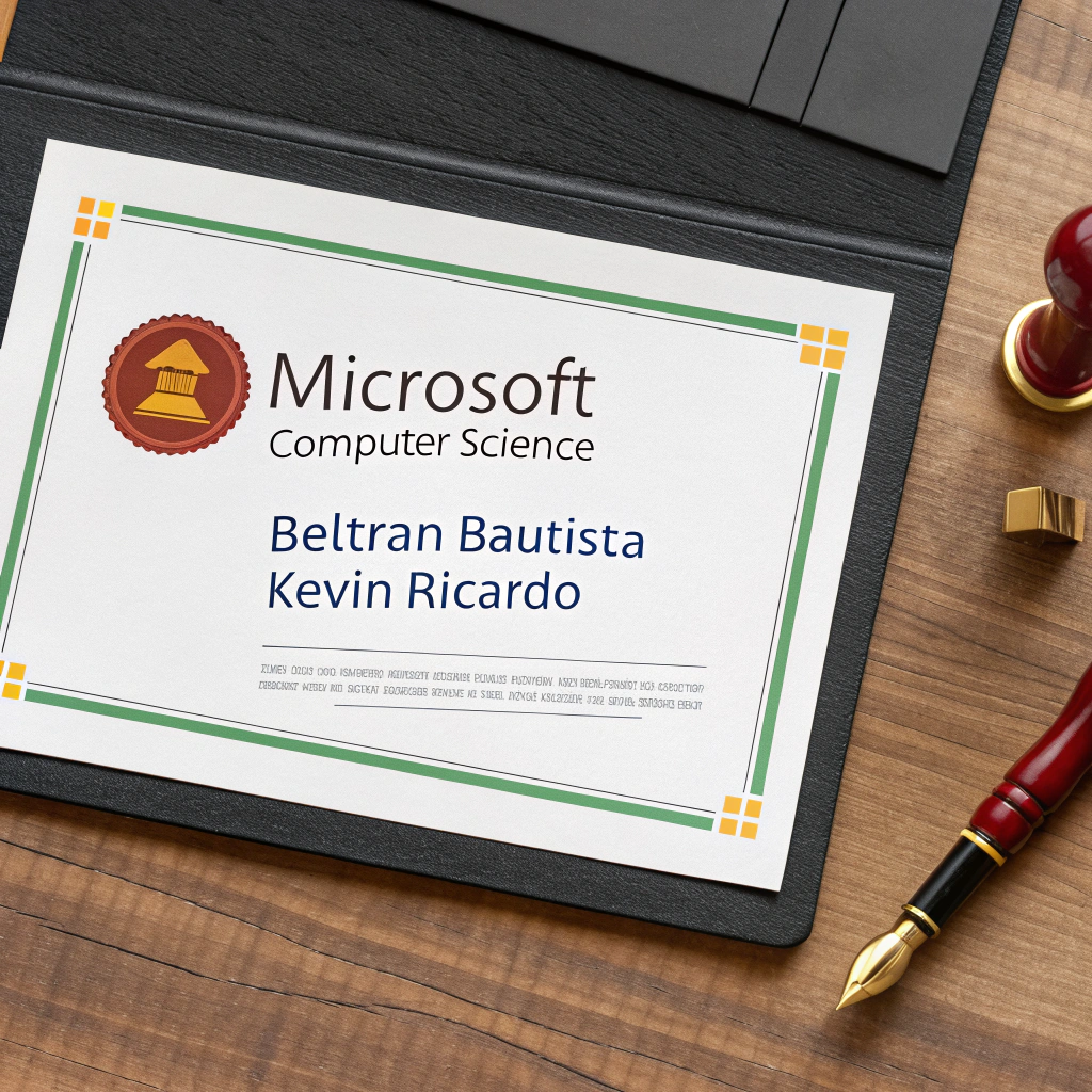 AI generated image by Red Panda AI: Crear una imagen de una hoja de certificado, que esta hoja esté sobre una mesa de madera y que sea un certificado de informatica de Microsoft a nombre de Beltrán Bautista Kevin Ricardo, que esté firmado o tenga sello de Microsoft y que además tenga mucho texto a color.
Sin deformaciones ni exageraciones.