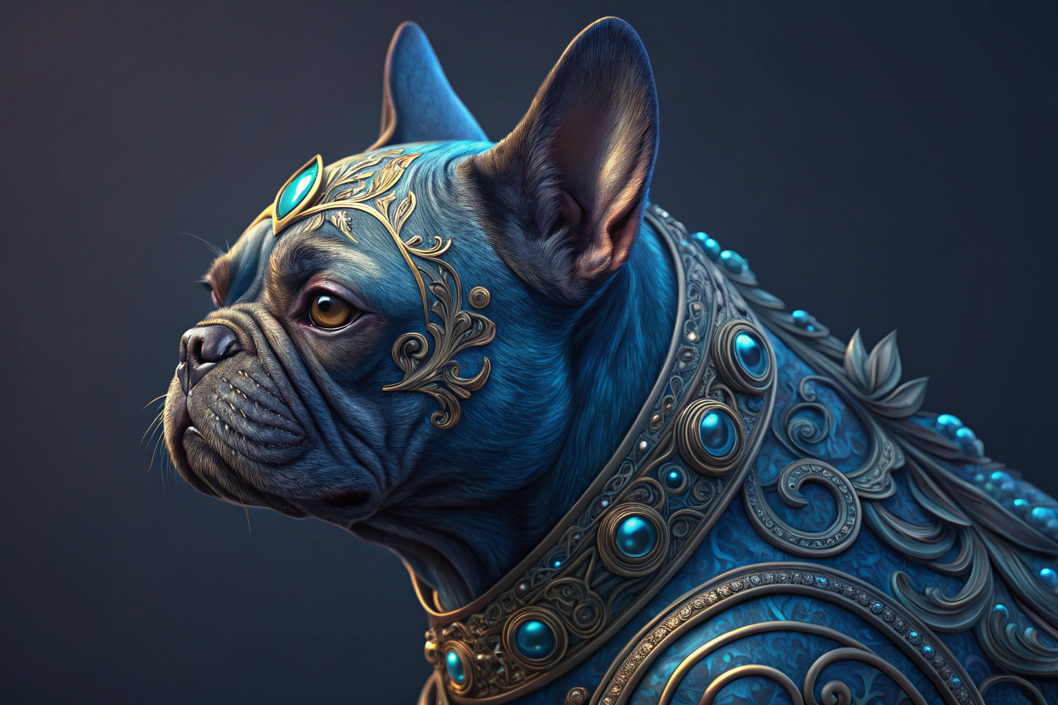 AI generated image by Red Panda AI: gorgeous stunning bejeweled angelic zen royal blue mechanical frenchbulldog hybrid, calm, mystical, wise, made of rich dream fantasy, flowing swirling colors, alice in wonderland feel, highly intricate detailed design, trending on artstation, sharp focus, studio shot, intricate detail, highly detailed, by WLOP, trending on artstation, sharp focus, studio shot, intricate detail, highly detailed