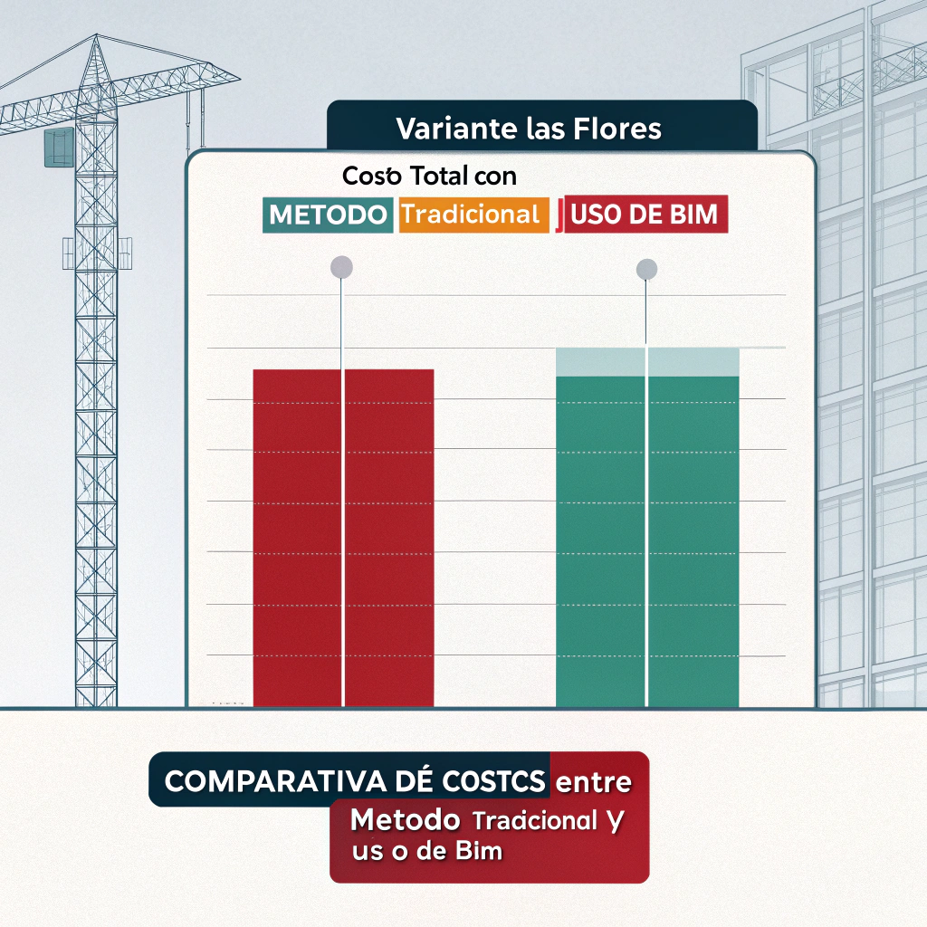 AI generated image by Red Panda AI: "A professional and clean bar chart comparing costs for a highway project (Variante Las Flores) between two methodologies: 'Método Tradicional' and 'Uso de BIM.' The chart should have three bars:

'Costo Total con Método Tradicional' with values showing construction costs ($46.6 M USD), operation and maintenance ($7.95 M USD), and additional overcosts ($3.7-$6.9 M USD).
'Costo Total con Uso de BIM' with values showing construction costs ($46.6 M USD) and operation and maintenance costs ($6.70 M USD).
'Ahorros Totales con BIM' showing values of $1.27-$1.62 M USD.
Bars should be stacked and labeled, with colors: red for overcosts, green for savings, and blue for baseline costs. The title of the chart should be 'Comparativa de Costos entre Método Tradicional y Uso de BIM.' Use Spanish labels and numbers. Ensure the image is sized appropriately for inclusion in an A4 Miro frame, with ample white space for additional text."