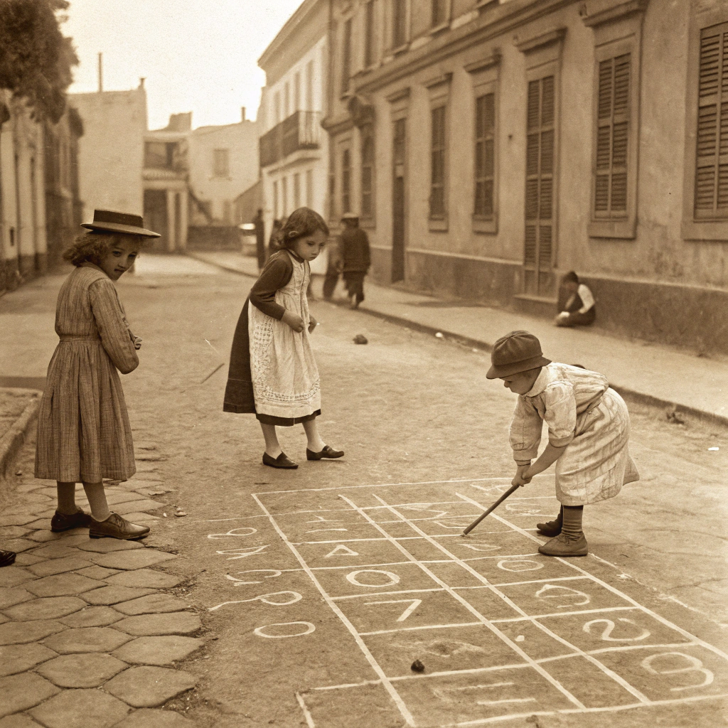 AI generated image by Red Panda AI: NIÑOS JUGANDO EN LA EPOCA COLONIAL DE BUENOS AIRES EN LA CALLE DE TIERRA A LA RAYUELA LA RAYUELA REALIZADA CON MARCAS EN LA TIERRA CON UN PALITO IMAGEN CON ASPECTO ANTIGUO Y TENIENDO EN CUENTA LA VESTIMENTA DE LA EPOCA EN COLOR SEPIA