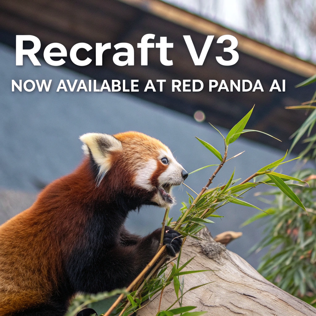 AI generated image by Red Panda AI: a red panda eating a bamboo in front of a poster that says "recraft V3 now available at red panda ai