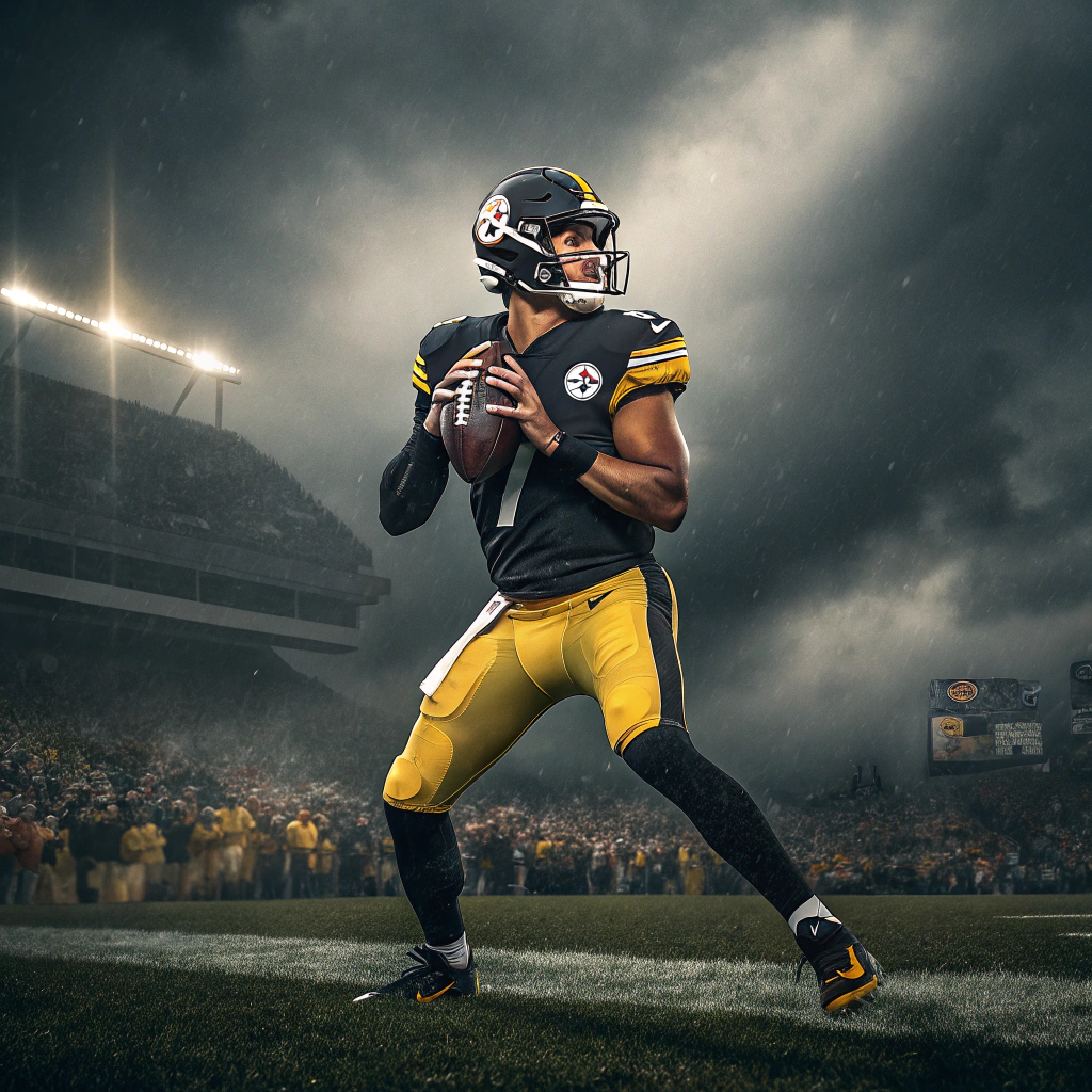 AI generated image by Red Panda AI: Got it! Here's a revised version:

"Justin Fields, in his Pittsburgh Steelers uniform, stands in a dramatic pose, holding the football with fierce determination. His body is coiled, ready to throw, with the iconic black and gold jersey catching the glow of the stadium lights. His eyes are locked downfield, filled with focus and intensity. A stormy sky looms overhead, casting shadows across the field, adding to the dramatic atmosphere. The blurred crowd around him highlights his central presence, as every muscle in his body is tense with the energy of the moment, embodying strength and grit. 

