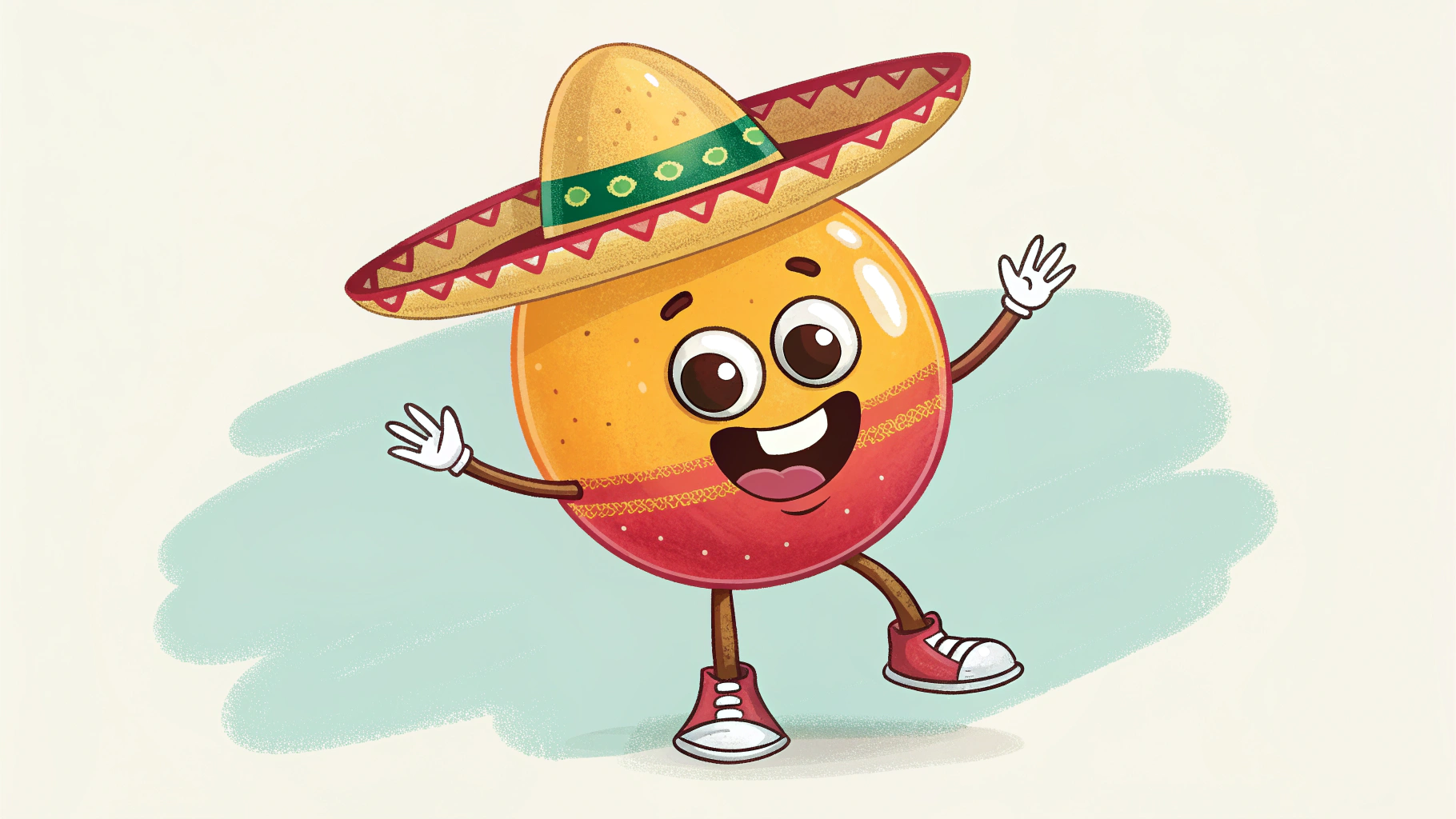 AI generated image by Red Panda AI: has una imagen estilo 2D dibujado y coloreado de un caramelo redondo con brazos y piernas un sombrero mexicano ojos y con una sonrisa 