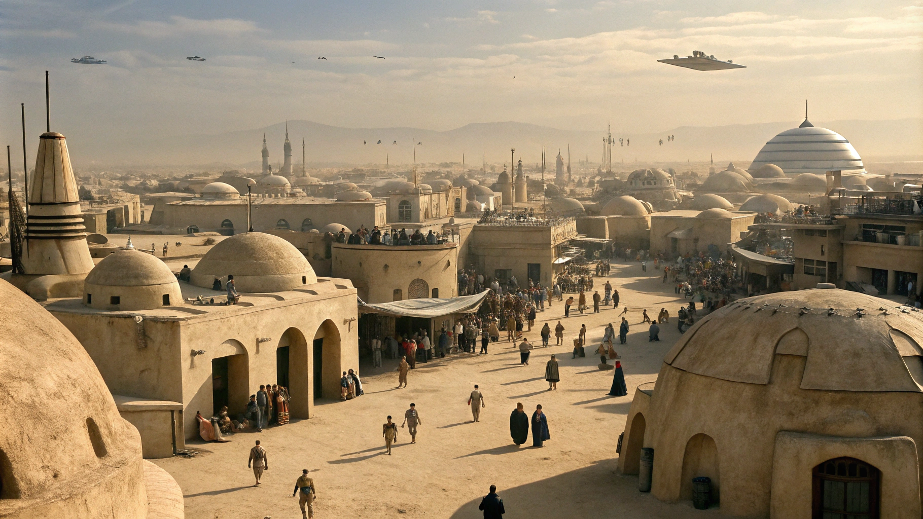AI generated image by Red Panda AI: Star Wars cinematic style, Mos Eisley Spaceport, desert city of stucco rounded adobe style builsings, large crowd of aliens and droids walking around, Star Destroyer ship flying above
