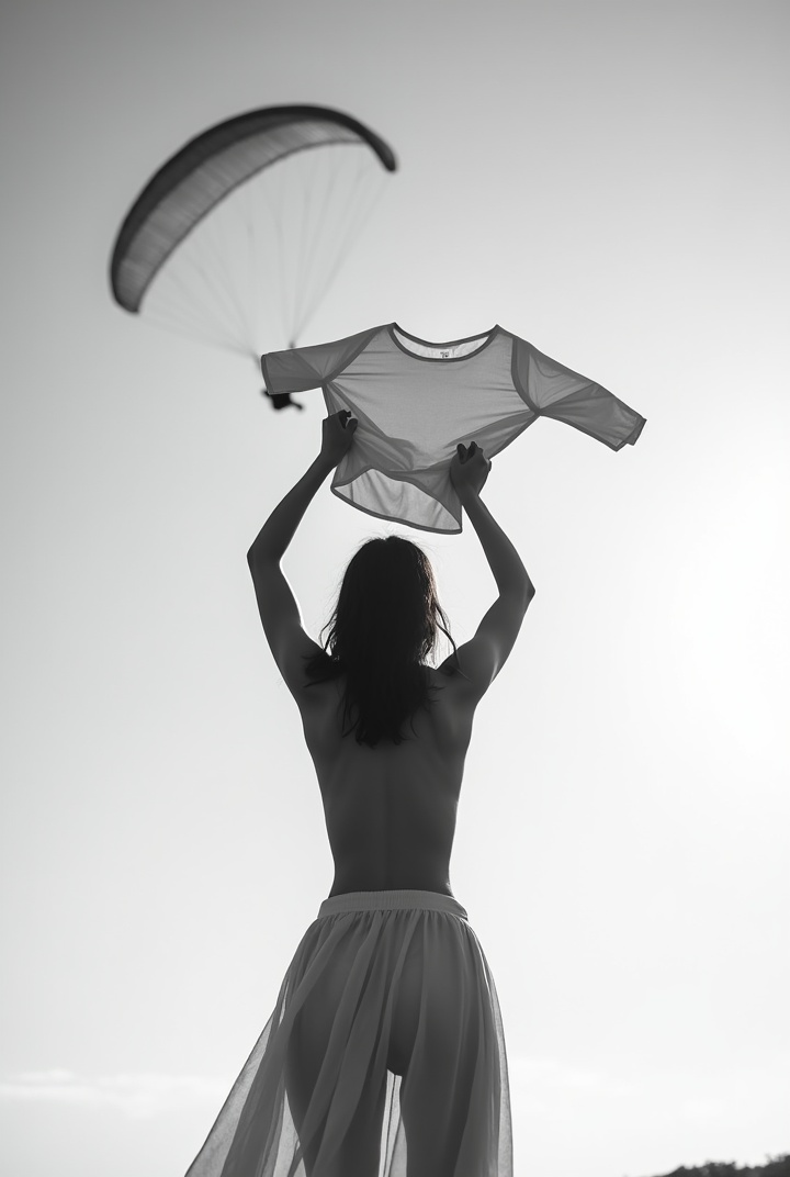 AI generated image by FLUX.1: Black and white photo of young bare back woman in skirt from behind holding her t-shirt in her Stretched up hands above. a paraglider flying above her. Sky background. Backlight