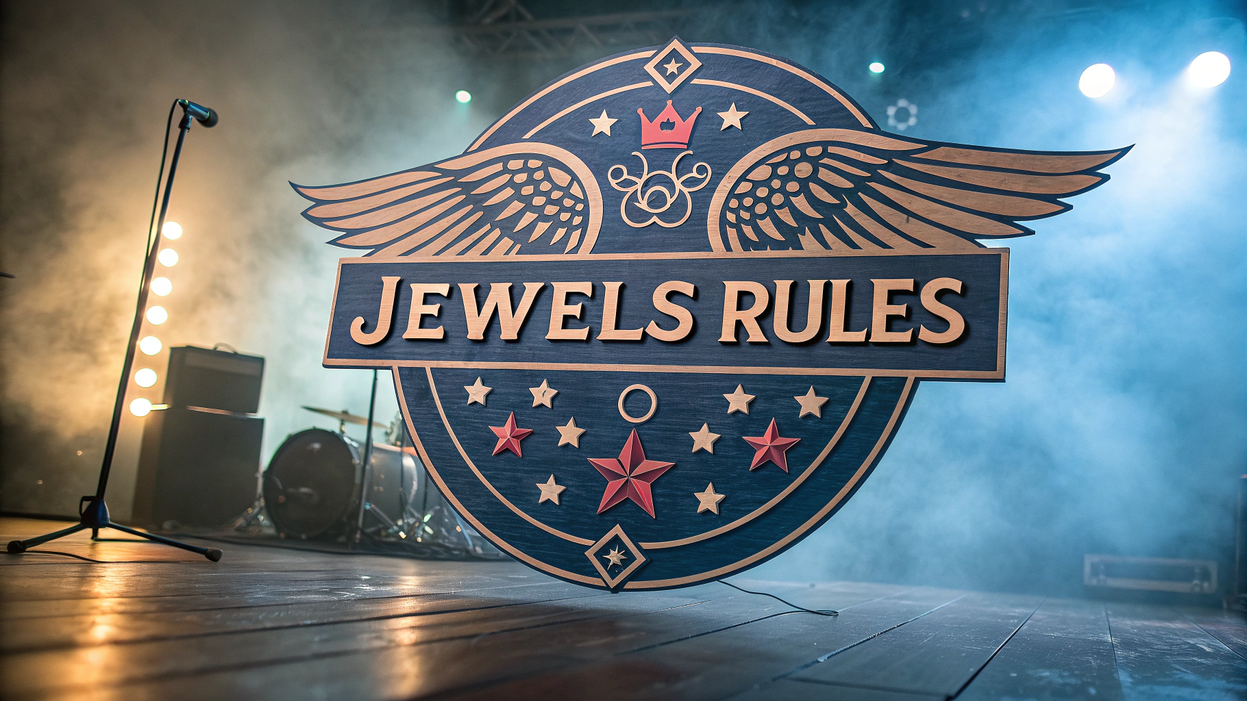AI generated image by Red Panda AI: Band logo for the band, "Jewels Rules".  Americana, blues, authentic, wood and leather, custom art, epic, mythic, powerful, photorealistic, mist, lights