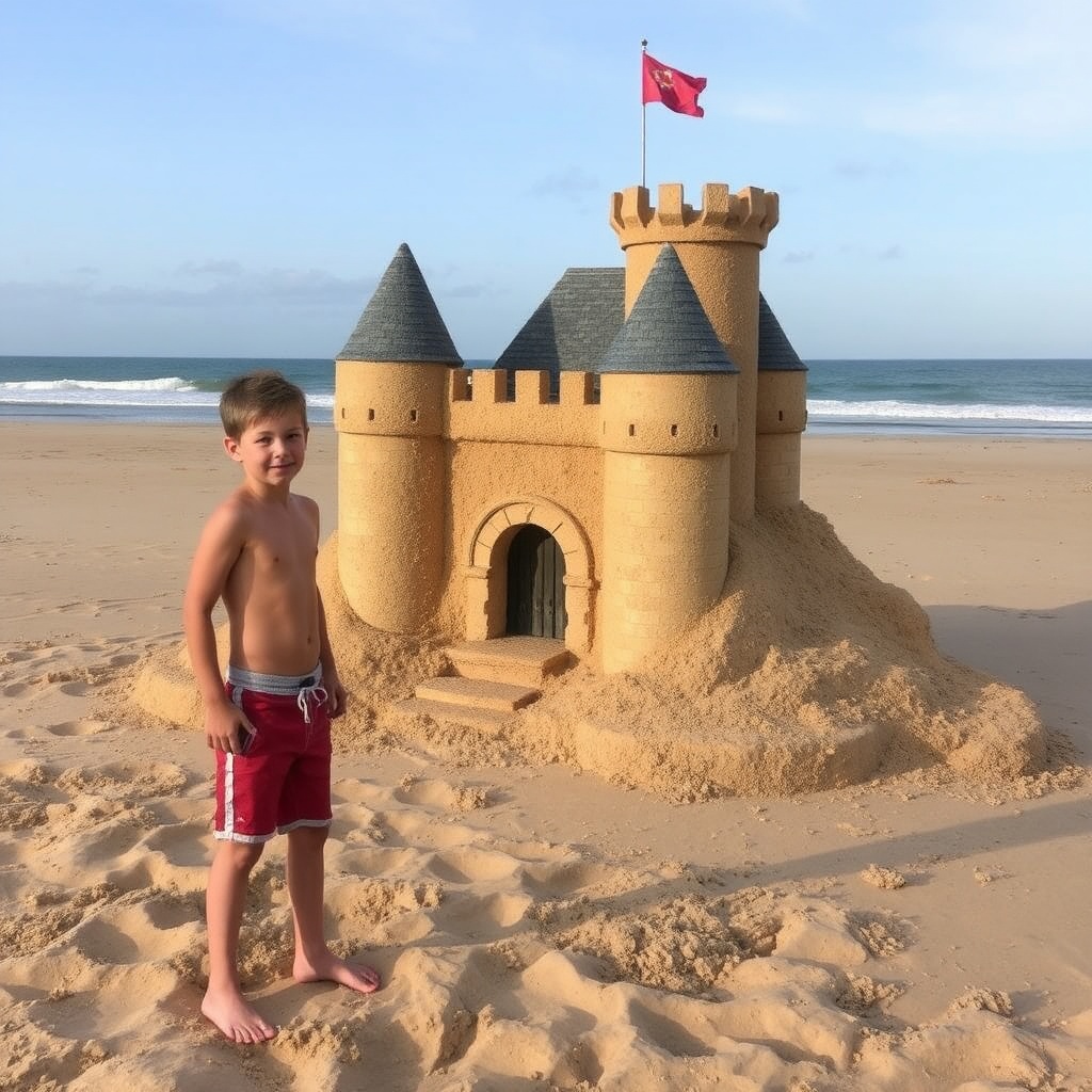 AI generated image by FLUX.1-schnell: deux garçons de huit ans faisant un château de sable sur la plage