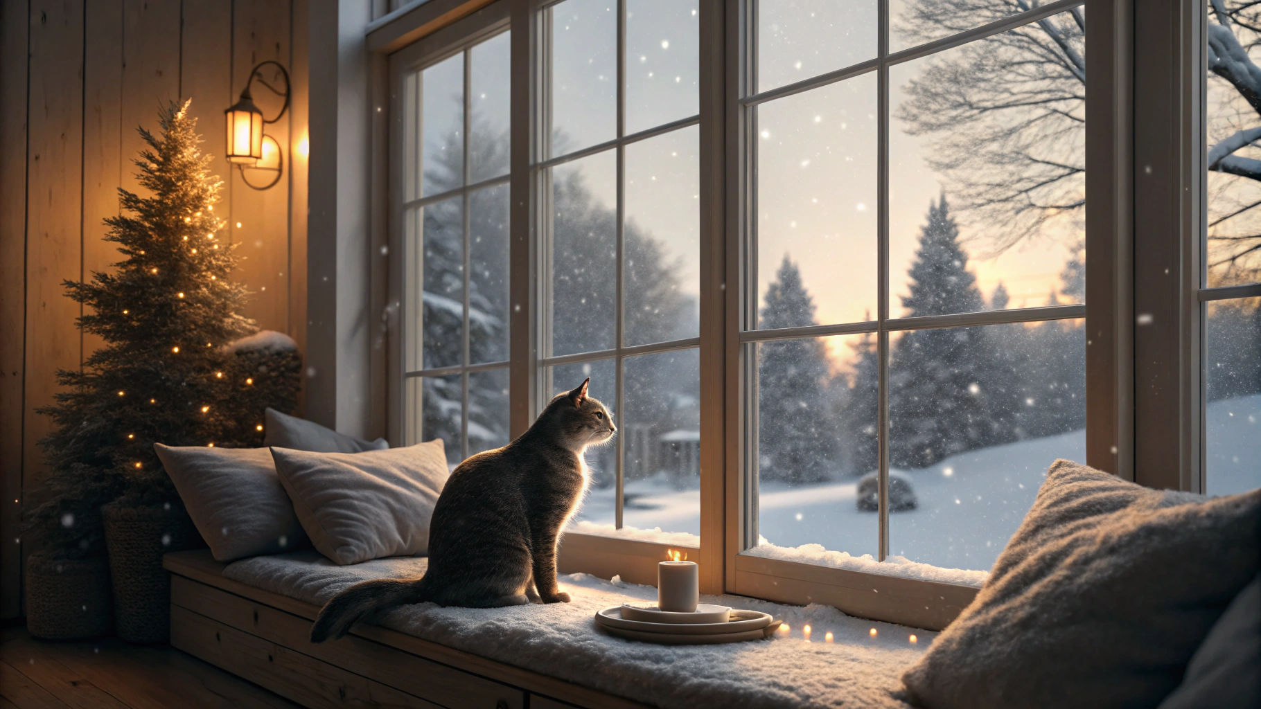 AI generated image by Red Panda AI: A cozy indoor scene showing a cat sitting by a large window, watching snow fall gently outside. The cat is perched on a windowsill with soft cushions around, its fur detailed and slightly fluffed as it gazes outside. Through the window, snowflakes are visible, accumulating on trees and creating a winter wonderland. The lighting is warm and soft from inside, casting a gentle glow on the cat, while the cool, snowy scenery outside contrasts beautifully with the warmth inside. Photorealistic style, high detail, focused on the cat’s expression and the texture of the falling snow.