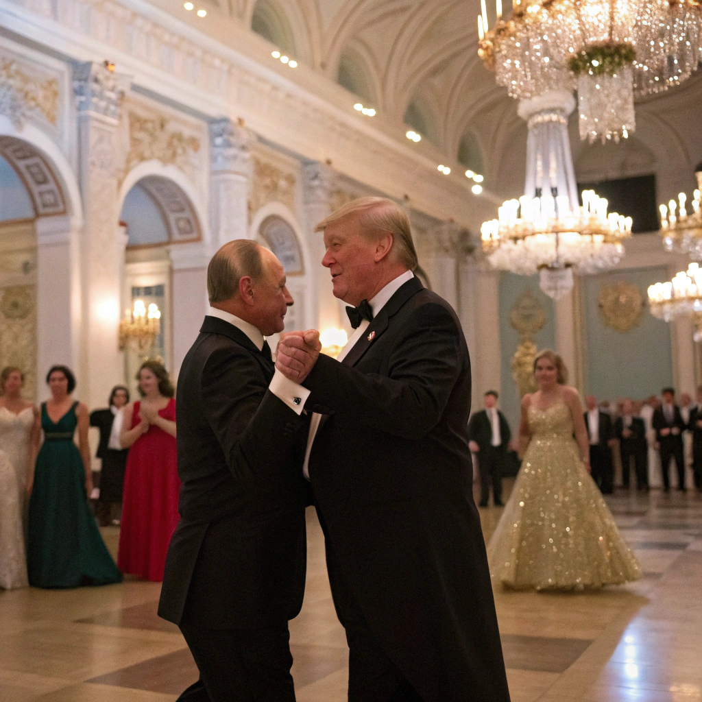 AI generated image by Red Panda AI: en una cena de gala y de mucho glamour el presidente de los estados unidos donald trump baila un vals con Vladimir putin