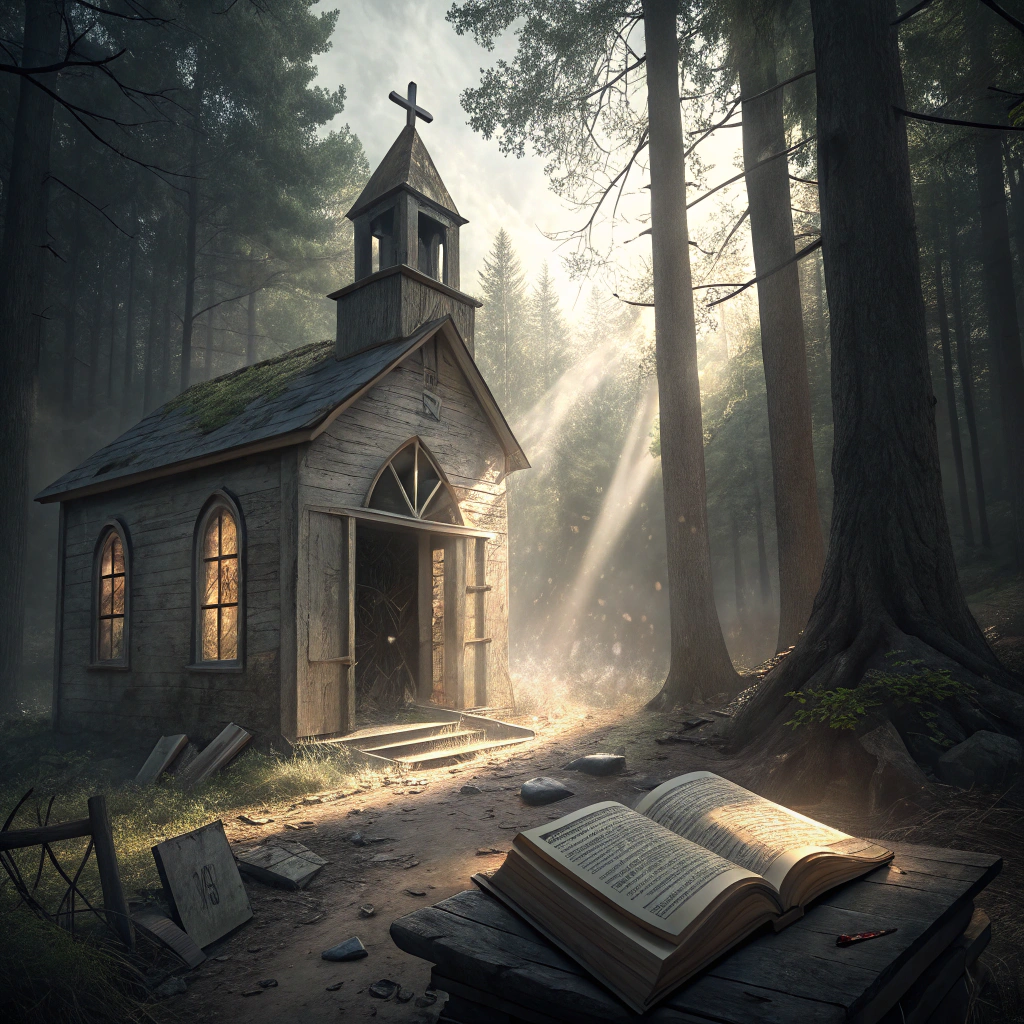AI generated image by Red Panda AI: Una pequeña iglesia abandonada en el bosque, con puertas entreabiertas y un interior cubierto de polvo, donde la luz entra por una ventana rota e ilumina una Biblia abierta en el púlpito.