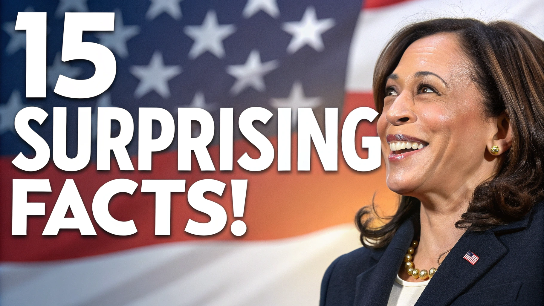 AI generated image by Red Panda AI: Create a dynamic YouTube thumbnail featuring Kamala Harris. She should be portrayed in a confident and smiling pose, prominently displayed on one side of the image. The background should subtly incorporate a blurred American flag with a gradient of red, white, and blue tones, giving a patriotic feel. Overlay bold text that reads '15 Surprising Facts!' in a large, eye-catching font, using a contrasting color scheme—white text with a black outline for clarity. The font should be bold and modern, ensuring it's readable even on smaller screens. Add a slight glow around Kamala to make her the focal point and include small dynamic symbols, like a speech bubble or star, to add energy to the design. The overall composition should be clean and uncluttered, emphasizing Kamala and the headline while appealing to viewers' curiosity.