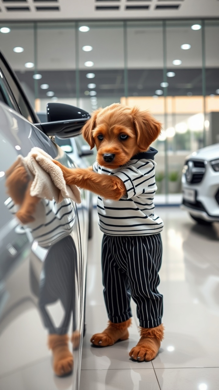 AI generated image by FLUX.1-schnell: "A brown puppy wearing a white striped shirt and black striped pants is cleaning a car inside an Indian car showroom. He is holding a cloth and wiping the surface of a shiny car with care. There are other cars parked on both his right and left sides. The puppy looks tired and humble, working seriously. The environment is clean and detailed, showing a real Indian showroom setting with glass walls, lighting, and modern cars. No background blur. The scene is ultra-realistic, cinematic, emotional, and in 16K resolution, capturing the contrast between the puppy’s hard work and the luxury around him."
