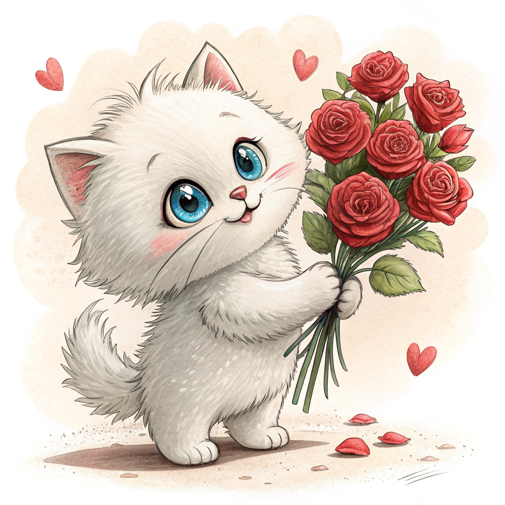 AI generated image by Red Panda AI: gatito de color blanco, aspecto suave y esponjoso, ojos grandes de color azul claro, sonrisa simpatica. Esta de pie sobre sus patas traseras y ofrece un bonito ramo de hermosas rosas rojas.