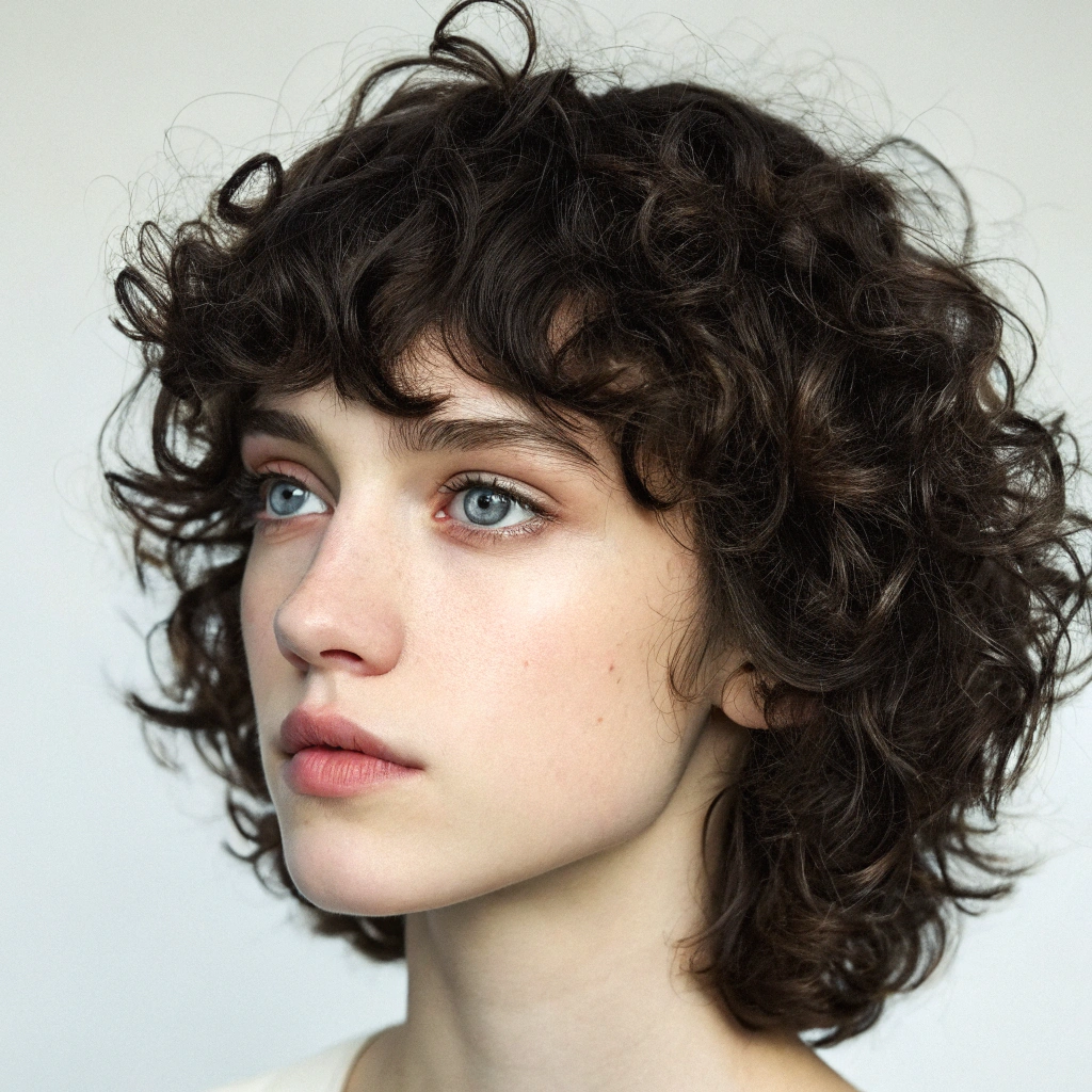 AI generated image by Red Panda AI: skinny baby face 21 yr old with dark curly brown hair and bangs, blue eyes spreading her pussy lips with cum dripping out 