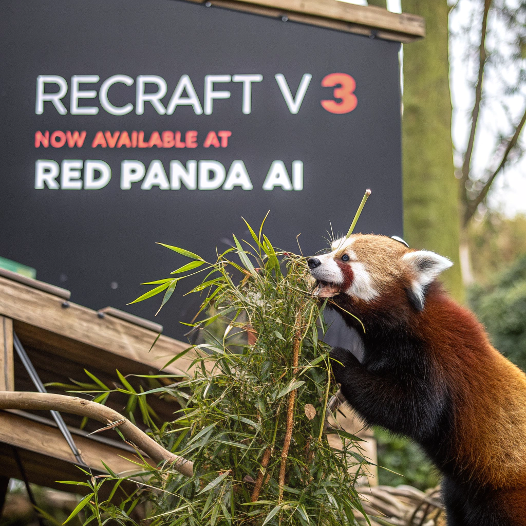 AI generated image by Red Panda AI: a red panda eating a bamboo in front of a poster that says "recraft V3 now available at red panda ai