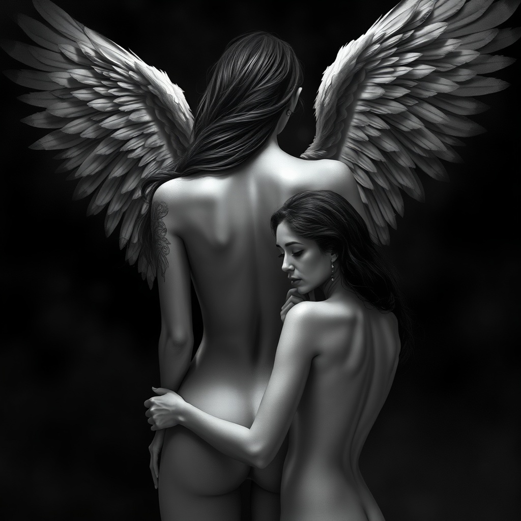 AI generated image by FLUX.1-schnell: The image depicts a surreal black-and-white scene with a combination of ethereal and intimate elements. In the foreground, there is a woman with dark, flowing hair, wearing no top, her back facing the viewer. Her skin has delicate shading that highlights her body contours. She has large, detailed wings on her back that give a celestial feel, with feathers expertly drawn to show depth and texture. Her body features a visible tattoo on her upper arm, adding a personal touch. In front of her, another woman is partially visible, focused on delicately tattooing the back of the winged woman. The second woman is gazing at her work, her facial expression serene, with soft, subtle shading of her features. The tattoo artist’s body is angled in such a way that her form and pose are noticeable, though her face is not clearly seen. Both figures are surrounded by a dramatic contrast of dark and light areas that enhance the intimate and powerful mood. The background shows soft, blurred shadows of more angelic wings, enhancing the sense of depth and otherworldliness. The lighting is soft but high-contrast, with light sources illuminating the figures from the left, creating shadows on their bodies and amplifying their form. The monochromatic tones of the piece are balanced with subtle gradients of gray, giving it a high-definition, detailed finish. The composition is framed by an oval shape that adds to the mysterious, enclosed feel of the image. The overall atmosphere is one of quiet intensity, combining elements of vulnerability, strength, and artistry.