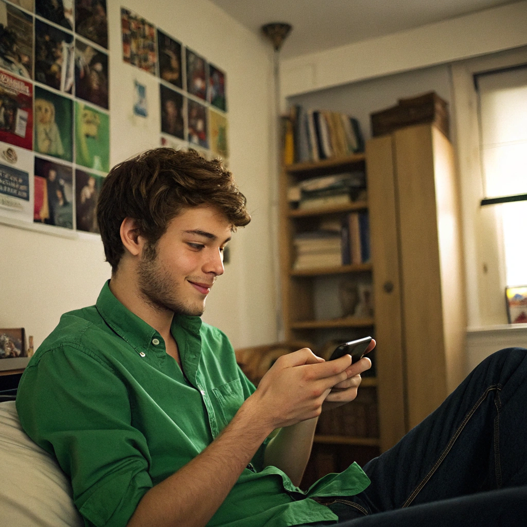 AI generated image by Red Panda AI: Crie uma imagem de um jovem sentado em seu quarto usando uma camisa verde e vendo o celular. Ele deve ser jovem por volta dos 20 anos e bonito.