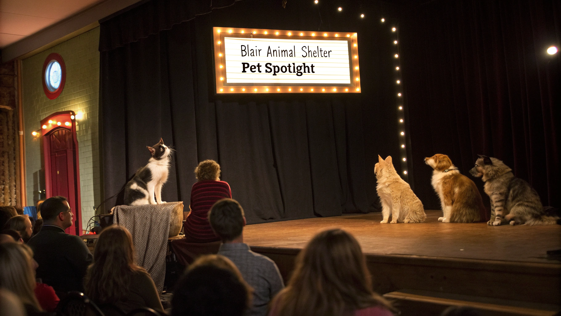 AI generated image by Red Panda AI: Spotlight shines down on stage from right to left,  A lighted sign reads "Blair Animal Shelter Pet Spotlight", an audience of cats and dogs look up at the stage