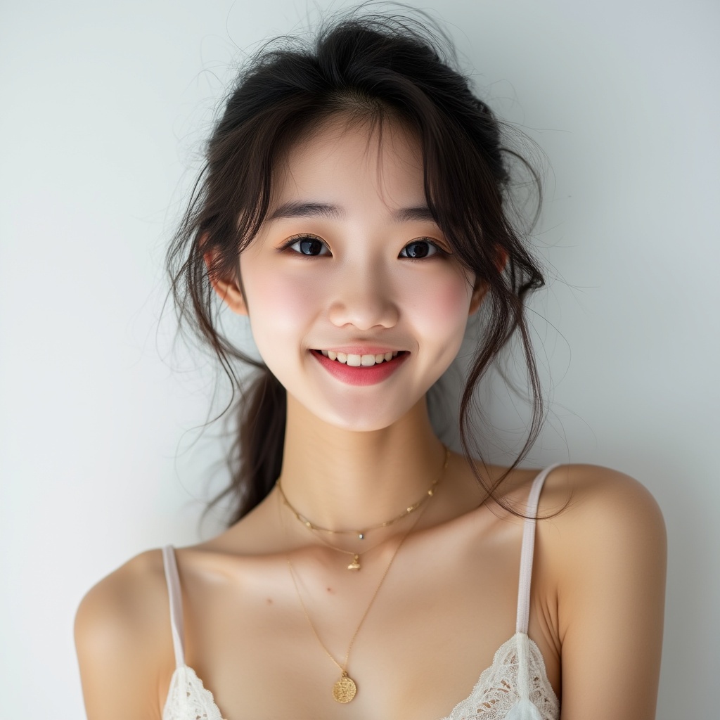 AI generated image by FLUX.1-pro: A young Japanese model is posing for a bust-up portrait shoot against a pure white background, soft even lighting, a gentle yet striking smile, high resolution, professional studio setup, and sporting a warm, smiling expression.