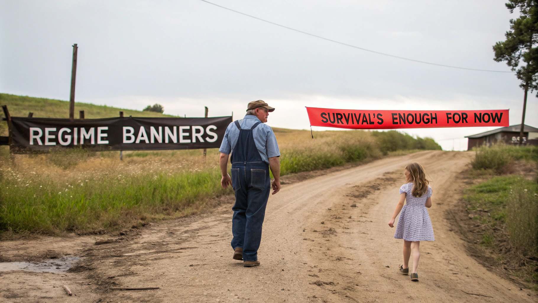 AI generated image by Red Panda AI: Medium shot, back view of a pre-teen girl and her farmer father walking home on a dirt trail, passing regime banners with bold propaganda. Mai asks about the meaning of the words; her father mutters, ‘Survival’s enough for now.’ Muted colors of the rural path contrasted with bright reds and blacks of propaganda symbol