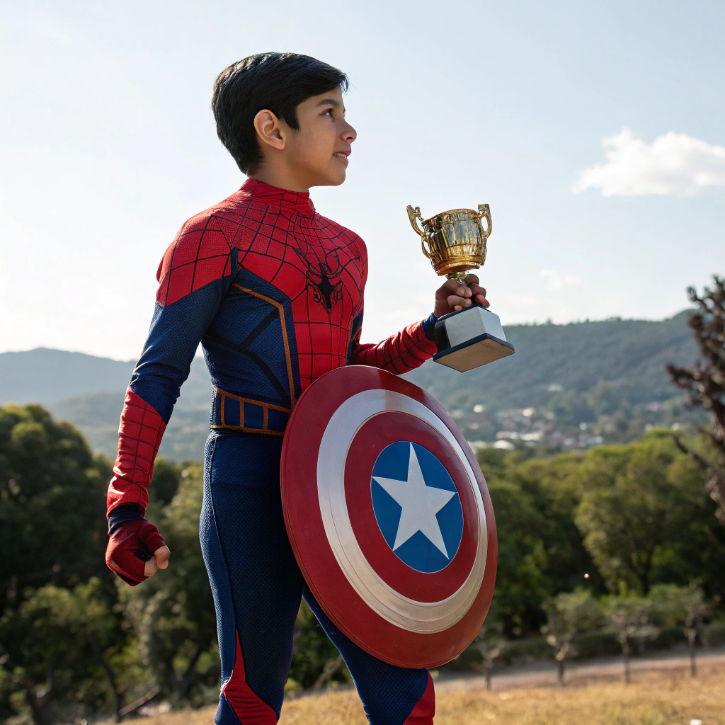 AI generated image by Red Panda AI: quiero a una chico con pelo negro de 14 años parado disfrazado de spiderman con un trofeo en la mano y el escudo del capitan america en la otra mano con un paisaje de fondo
