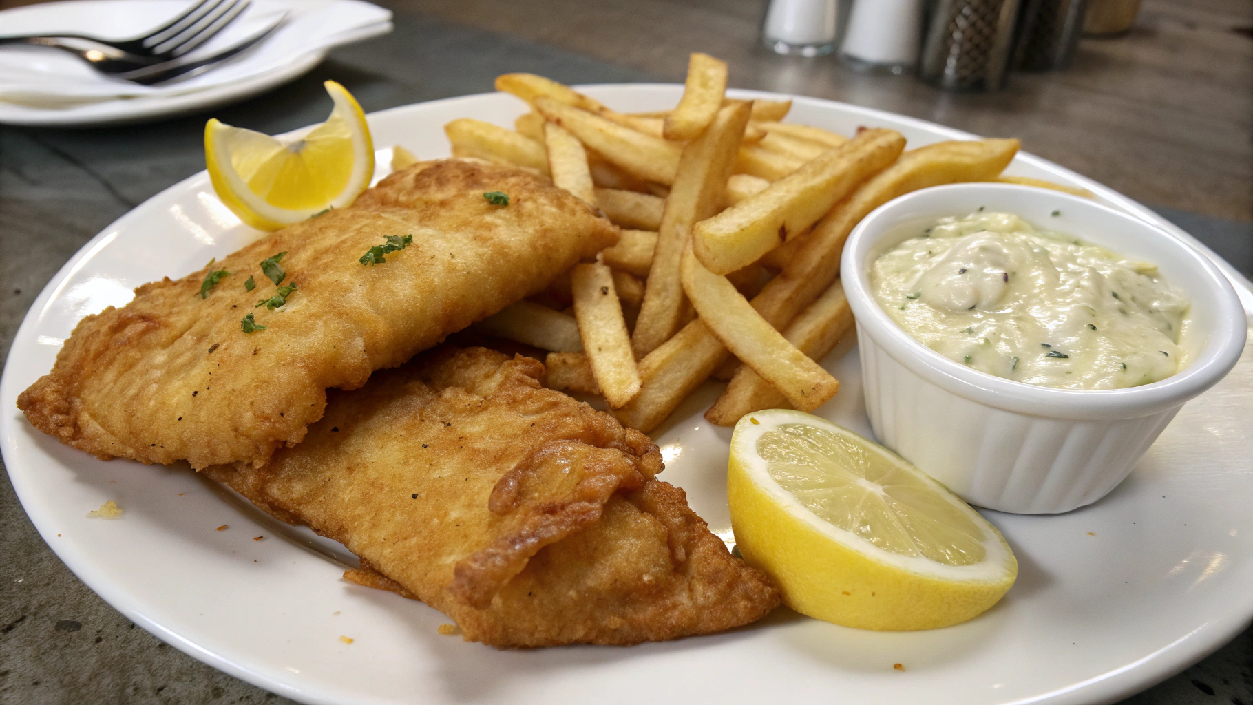 AI generated image by Red Panda AI: two pieces of fried fish, french fries, two lemon wedges, and a small cup of tarter sauce on a plate